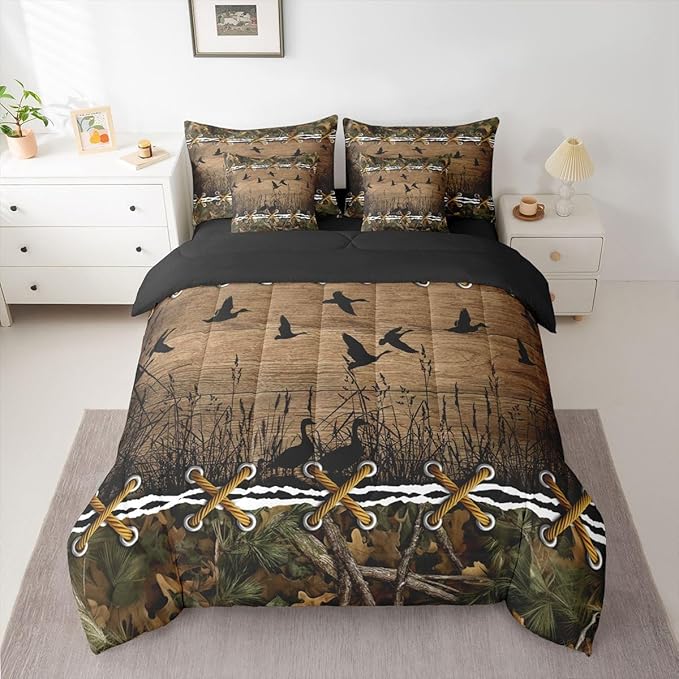Erosebridal Duck Camo Comforter Set Twin Comforter Set with Sheets | Mallard Duck 7-Piece Bedding Set Mens Country Camo Bed in a Bag, Farmhouse Woodland Animals Bed Sets,Wildlife Cabin Hunting Decor