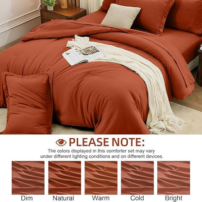 FUANNA Queen Comforter Set Burnt Orange, 7 Pieces Soft Bedding Sets Queen Size, All Season Lightweight Bed in a Bag with Comforter, Flat Sheet, Fitted Sheet, Pillowcases & Shams