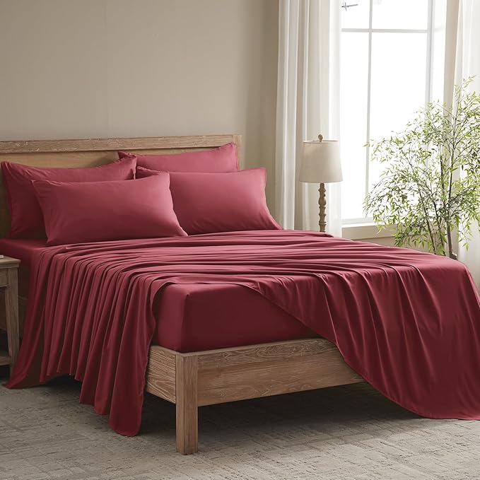 King Size Sheets Set - 6 Piece Luxuriously Soft & Cooling Sheets King Size - Ultra Soft 16" Deep Pocket King Sheet Set - Fitted Sheet & Pillowcase Sets (King Burgundy)