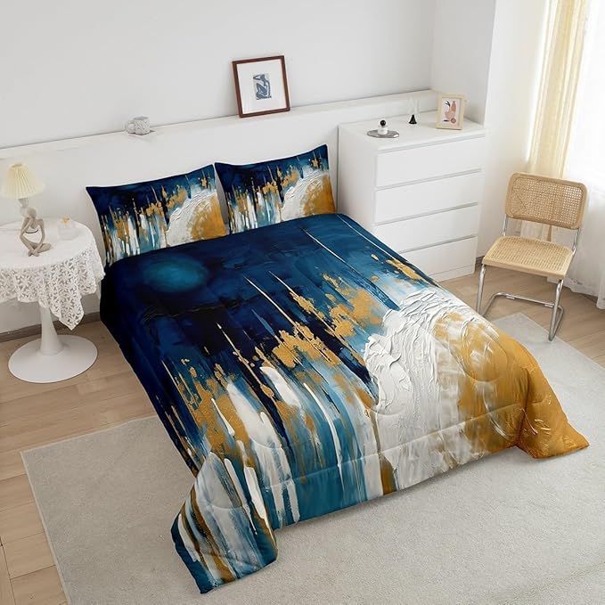 Erosebridal Navy Blue White Gold Bedding Set King Brush Strokes Oil Painting Comforter Set, Gradient Abstract Duvet Insert Ombre Graffiti Quilt Sets, Contemporary Modern Bedding Comforters & Sets
