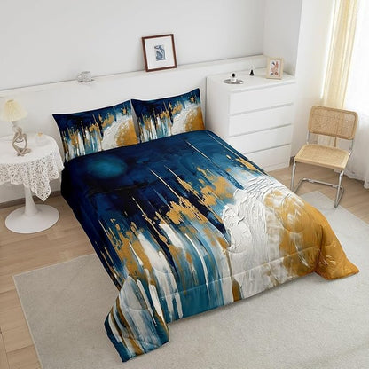 Erosebridal Navy Blue White Gold Bedding Set King Brush Strokes Oil Painting Comforter Set, Gradient Abstract Duvet Insert Ombre Graffiti Quilt Sets, Contemporary Modern Bedding Comforters & Sets