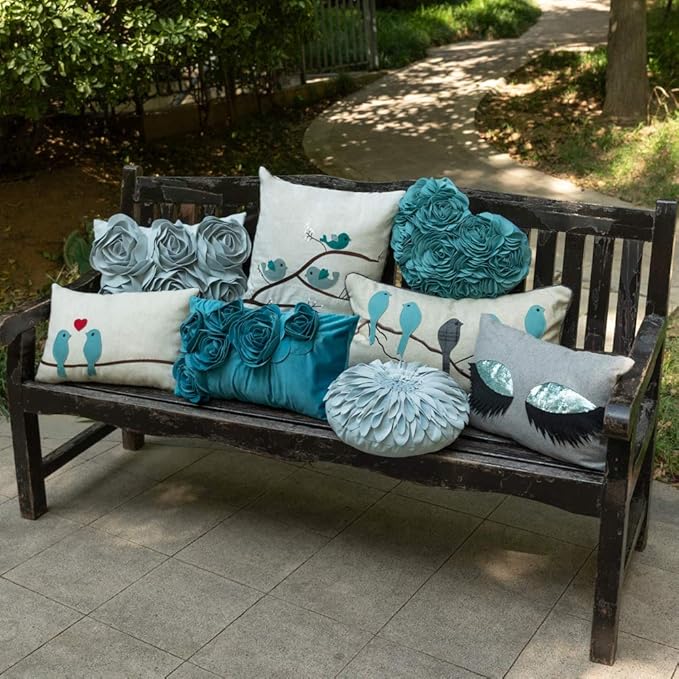 JWH Valentine's Day Throw Pillow Covers Decorative Flower Accent Pillow Cases Heart Shaped Cushion for Couch Living Room Bed Chair 14 x 16 Inches Teal Blue