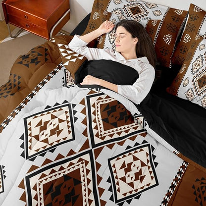 Erosebridal Farmhouse Aztec Bedding Set King 7-Piece Rustic Vintage Southwestern Comforter Set Western Ethnic Geometric Diamond Bed in A Bag Boho Country Tribal Art Quilt with Flat Fitted Sheet