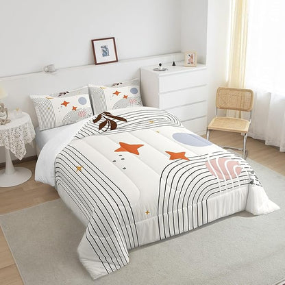 Erosebridal Abstract Red Sun Comforter Set Twin Geometric Lines Bedding Set, Aesthetic Bedding Comforter Sets Vintage Minimalist Duvet, Modern Quilted Comforter Luxury Grey Circle Room Decoration