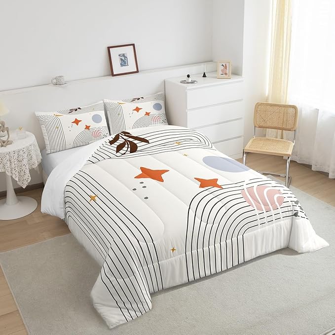 Erosebridal Abstract Red Sun Bedding Set Queen Geometric Lines Comforter Set, Aesthetic Down Comforter Vintage Minimalist Bedding Comforter Sets, Modern Duvet Insert Luxury Grey Circle Room Decoration