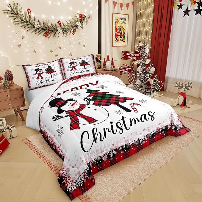 Snowman Christmas Tree Comforter Set King Size,Geometric Black Red Plaid Quilt Set Winter Snowflake Print Bedding Set for Kids Boys Girls Adult Room Decor Happy New Year Duvet Insert 3Pcs