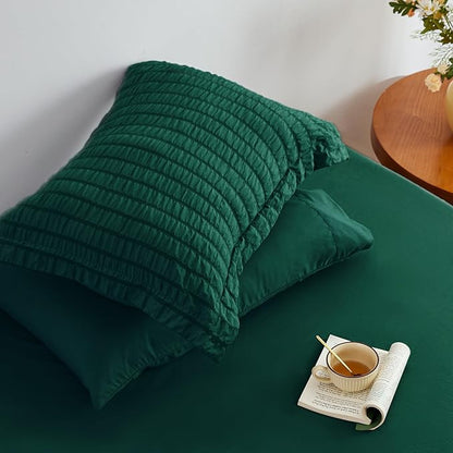 Love's cabin Seersucker Dark Green Queen Comforter Set, 7-Piece All Season Lightweight Bed in a Bag Bedding Set with Comforter, Flat Sheet, Fitted Sheet, Pillowcases and Shams | Soft, Breathable, Lightweight