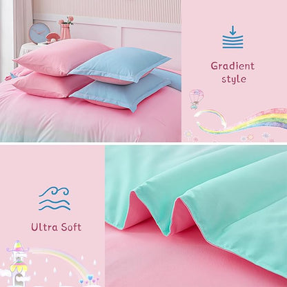 Drucon Comforter Set Queen Size for Teen Girl & Women,7 Pieces Bed in A Bag Gradient Pink Green Bedding Set (1 Comforter, 1 Flat Sheet, 1 Fitted Sheet, 2 Pillow Shams, 2 Pillowcases)