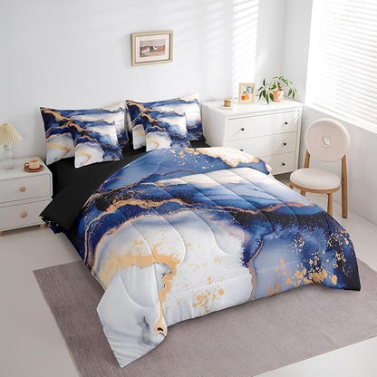 Navy Blue Watercolor Bedding Full Size 7-Piece Aesthetic Marble Comforter Set, Modern Abstract Foil Print Bedding Comforter Sets Marbling Printed Bed in a Bag, Stone Pattern Bedding Accessories