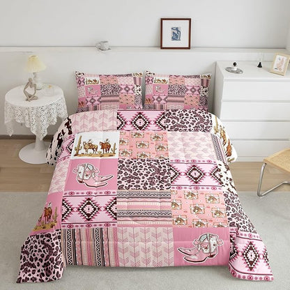 Feelyou Pink Aztec Bedding Set King Size, Kids Western Decor Comforter Set Wild West Cowboy Cowgirl Comforter Boho Style Duvet Insert Bed Set 3Pcs