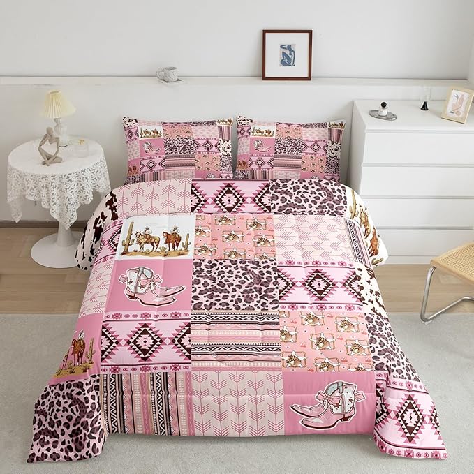 Feelyou Pink Aztec Bedding Set Full Size, Kids Western Decor Comforter Set Wild West Cowboy Cowgirl Comforter Boho Style Duvet Insert Bed Set 3Pcs