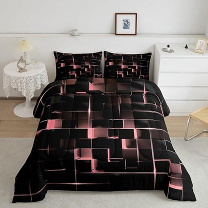 Erosebridal Blush Pink Black Comforter Set Full Size Neon Geometric Kids Bedding Set 3 Pcs Honeycomb Bed Sets Modern Quilt,1 Comforter 2 Pillow Cases Cool Room Decor, Bside Black