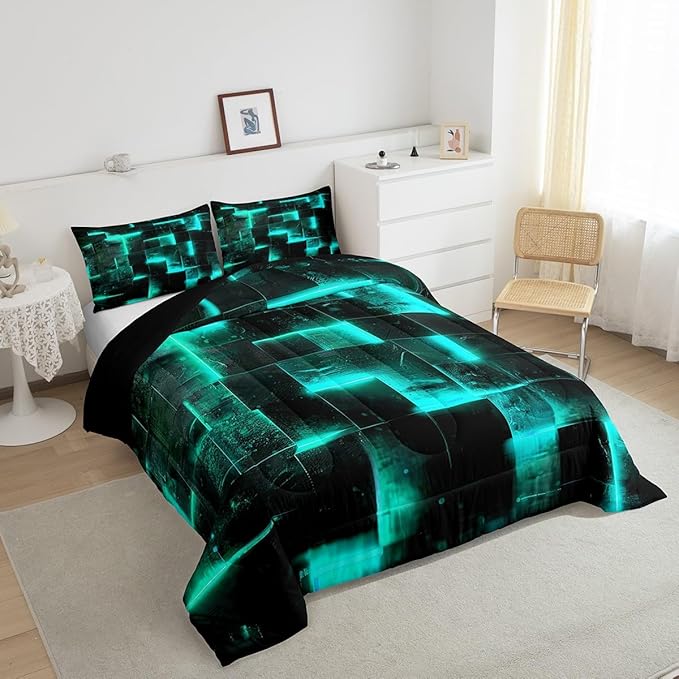 Erosebridal Black and Teal Comforter Set Twin Modern Abstract Twin Bedding, 3D Glowing Plaid Bedding Comforter Sets Gradient Grid Duvet, Neon Square Quilted Comforter 2pcs (Black Reversible)