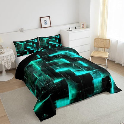 Black Teal Abstract Comforter Queen Gradient Square Queen Bedding Set, Grid Down Comforter Neon Checkered Bed Set, Glowing Plaid Quilted Duvet 3D Modern Bedroom Decor 3pcs (Black Reversible)