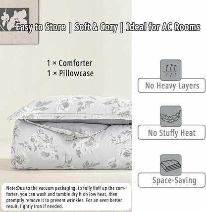 Floral Cotton Comforter Twin Size - Light Grey Comforter Printed with Vintage Ivory Flowers & Dark Yellow Stamens,Reversible Lightweight Bedding Sets 2Pcs(68"×90")