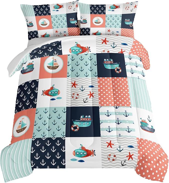HOSIMA Nautical Bedding Set,Plaid Patchwork Pattern Hand Painted Seaplane,Boat and Anchor Comforter for Boys Kids Girls Bedroom Decor,Sea Adventure Theme Comforter Queen Size with 2 Pillowcases.