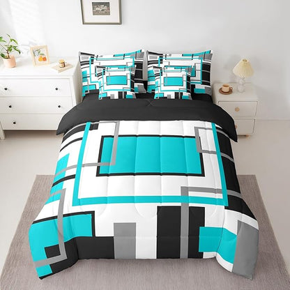 Erosebridal 7Pcs Teal Black White Geometric Abstract Full Size Comforter Set,Modern Square Striped Bed in A Bag,Boho Bedding,Minimalist Contemporary Art Aesthetic Quilt Set with Pillowcases