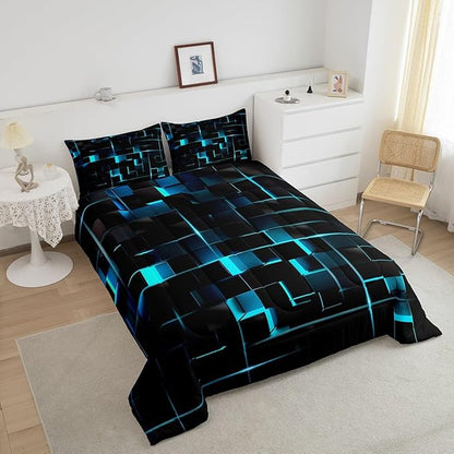 Erosebridal Neon Turquoise Black Comforter Set Full Size 3 Piece Geometric Kids Bedding Set Honeycomb Comforter for Teens Women Adult Bedroom Decor, Aesthetics Modern Quilt