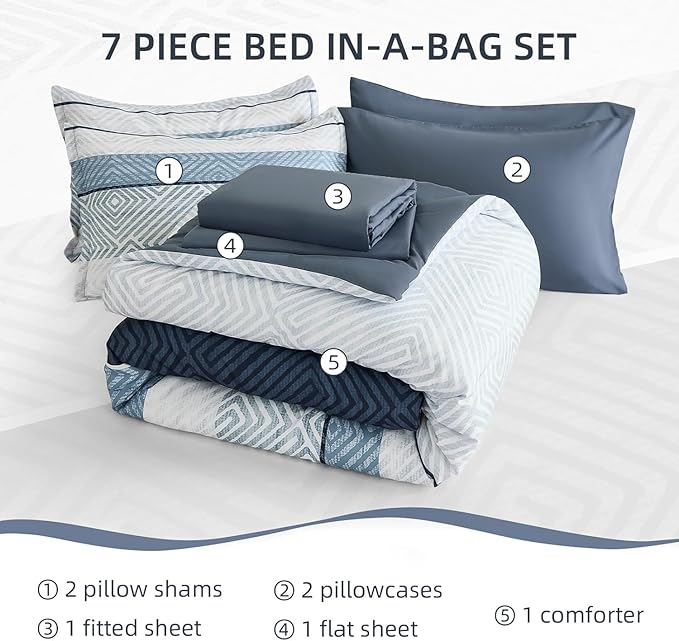 Drucon Comforter Set California King Size 7 Piece Bed in a Bag Boho Blue Striped Bedding Set Soft Microfiber Comforter and Sheet Set for All Season (Cal King, 104"x96")