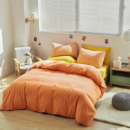 Cottonight Peach Comforter Set - Full Light Orange Bedding, Cotton Coral Pink Quilt, Soft Simple Breathable Modern Solid for Women Men