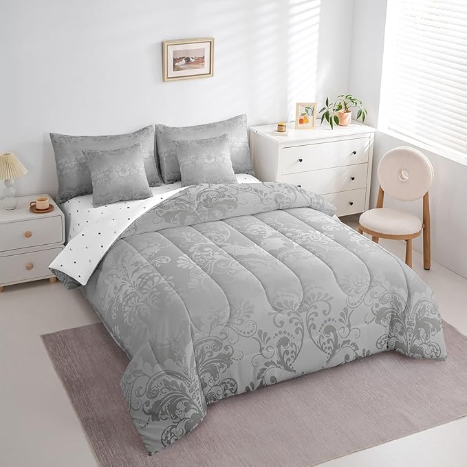 Erosebridal Gothic Damask Bed in a Bag Queen Comforter Set 7 Piece,Halloween Bat Bedding Sets Grey Victorian Floral Goth Sheet Set with Comforter