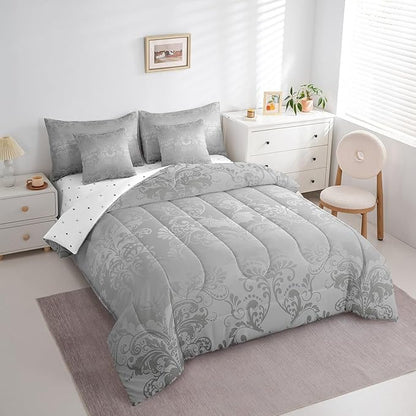 Erosebridal Gothic Damask Bed in a Bag Queen Comforter Set 7 Piece,Halloween Bat Bedding Sets Grey Victorian Floral Goth Sheet Set with Comforter