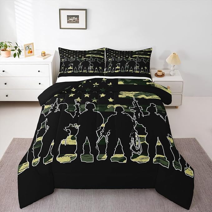 Erosebridal American Flag Camo Comforter Set King Size for Boy Teens Gilrs Kids ArmyGreen Camouflage Bedding Adult Men Soldier Silhouettes Quilted Duvet Military Style Camo Down Comforter