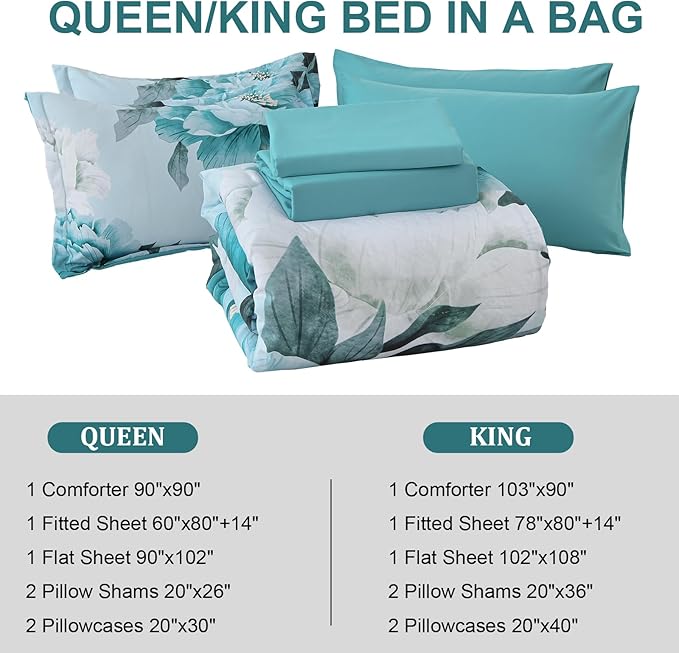 Dobuyly Floral Comforter Set King Size 7 Piece Bed in a Bag, Aqua Flowers on Light Blue Comforter Set with Sheets, Soft Microfiber Botanical Complete Bedding Set for All Season