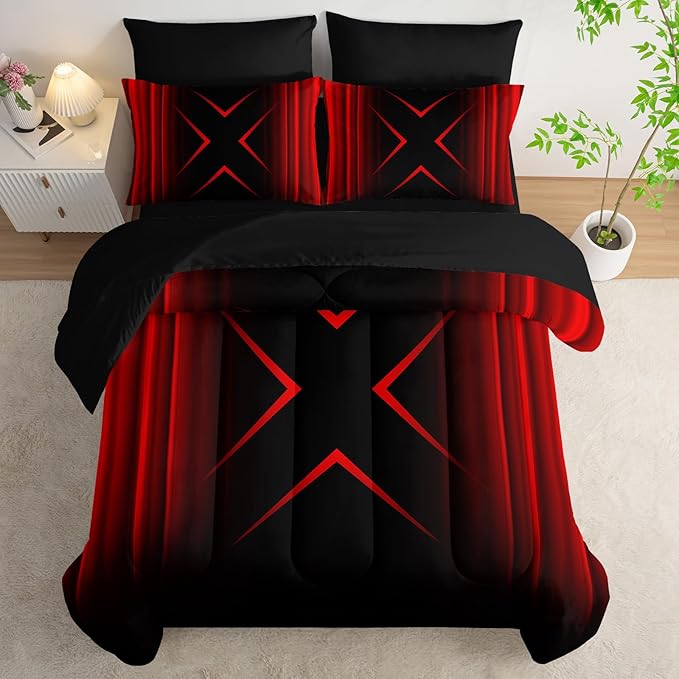 Red and Black Geometric Comforter Set Queen Size 7Pieces,3D Abstract Mordern Printed Bedding Set for Adults,Geometric Mordern Decor All Seasons with Pillowcases,Flat, Fitted Sheet