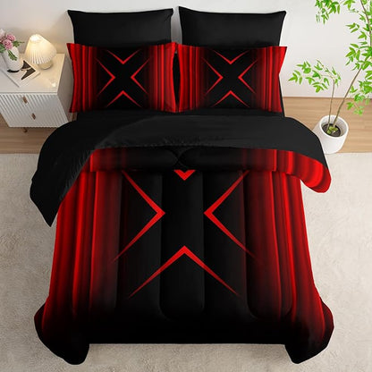 Red and Black Geometric Comforter Set Twin Size 7Pieces,3D Abstract Mordern Printed Bedding Set for Adults,Geometric Mordern Decor All Seasons with Pillowcases,Flat, Fitted Sheet