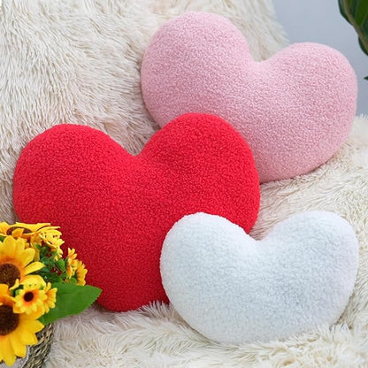 3 Pcs Heart Shaped Throw Pillows Set, Soft Teddy Fleece Plush Decorative Cushions in Red Pink White, Cute Aesthetic Accent Pillows for Sofa Couch Bed Bedroom Apartment Dorm Room Decor