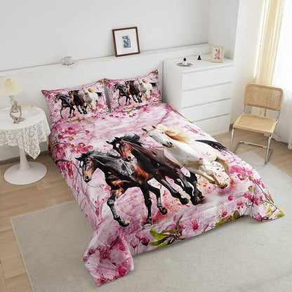 Feelyou Kids Horse Comforter Set Galloping Horse Bedding Set Toddler Size for Boys Girls Teens Bedroom Decor Cherry Blossoms Comforter Pink and White Duvet Set with 1 Pillow Case
