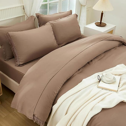 Andency Oversized King Comforter Set Taupe 120x98-7 Pieces Boho Tassel Bed in a Bag Soft Lightweight Bedding Sets, Fringe All Season Bed Set with Comforter, Sheets, Pillowcases & Shams