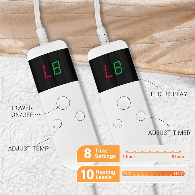 Electric Heated Blanket Throw Size 50''x60'' Soft Flannel & Sherpa Electric Blanket with 10 Heating Levels, Automatically Shut Down After 8h with Overheat Protection Machine Washable