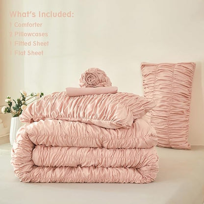 PERFEMET Blush Bed in a Bag King Size 5-Piece Boho Ruched Bedding Comforter Set Soft Luxury Fluffy Pleated Textured Pink Comforter Set with Sheets All Season Farmhouse Ruffled Bed Set(Blush, King)