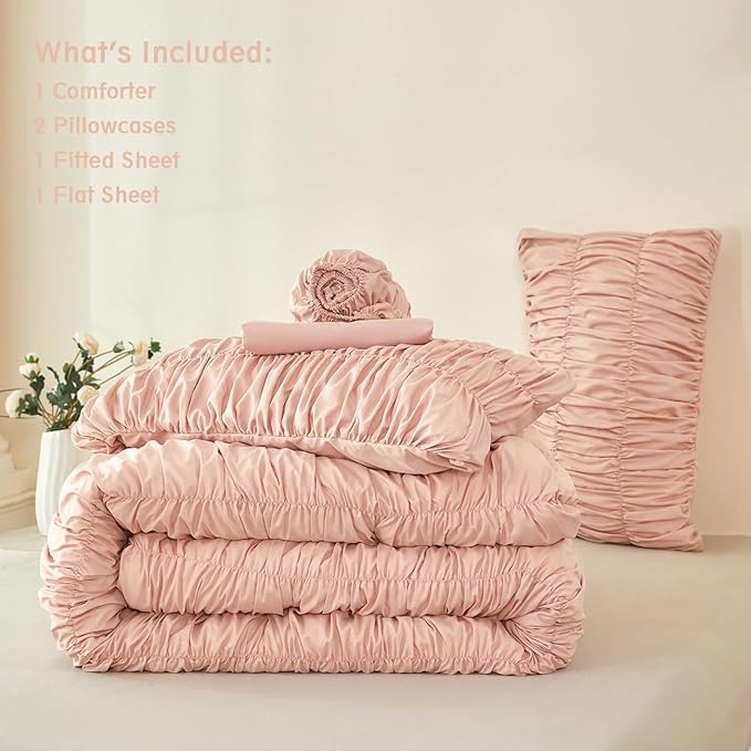 PERFEMET Blush Bedding Set Full Size 5-Piece Boho Ruched Comforter with Sheet Set Soft Luxury Fluffy Pleated Textured Bed in a Bag All Season Farmhouse Ruffled Bed Set(Blush, Full)