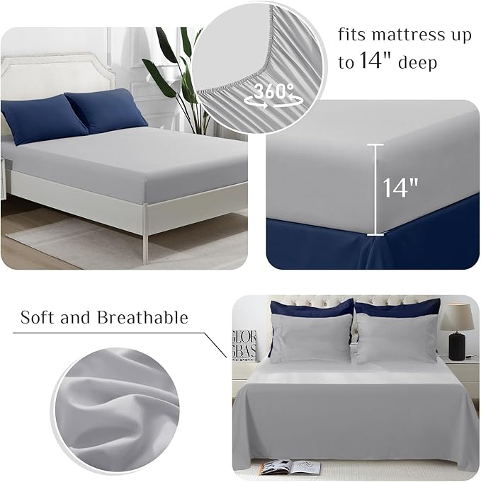 JOLLYVOGUE Twin XL Comforter Set, Ultra-Soft Bed in a Bag Twin XL Size 5 Pieces, Oeko-TEX Certified Bedding Set with Down Alternative Comforter, Sheets, Pillowcases & Shams, Navy Blue & Light Grey
