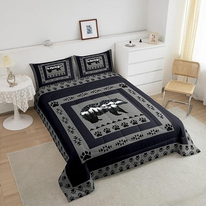 Feelyou Western Rustic Bear Comforter Set Twin Size, Moon Bear Quilt Set with 1 Pillowcases, Wild Animal Hunting Theme Bedding Set 2 Pcs Kids Boys Teens Room Decor, Rustic Cabin Country Duvet Insert