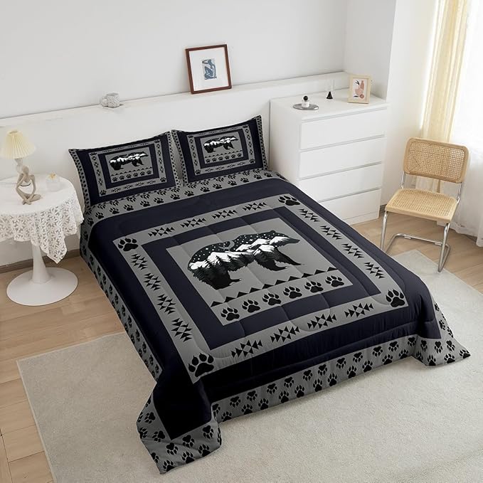 Feelyou Western Rustic Bear Comforter Set Queen Size, Moon Bear Quilt Set with 2 Pillowcases, Wild Animal Hunting Theme Bedding Set 3 Pcs Kids Boys Teens Room Decor, Rustic Cabin Country Duvet Insert
