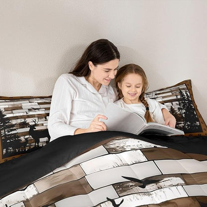 Feelyou Rustic Deer Bedding Set Wild Animals Hunt Comforter Set for Kids Boys Girls Brown Wooden Comforter Paw Print Quilt Set Bedroom Collection 3Pcs King Size