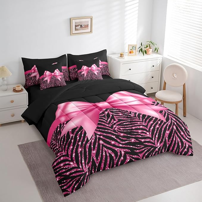 Feelyou Pink Bowknot 7 Piece Bedding Set King Size Glitter Print Comforter Set with Sheets for Kids Girls Adult Cute Bowknot Bed in a Bag Black Silver Bed Set
