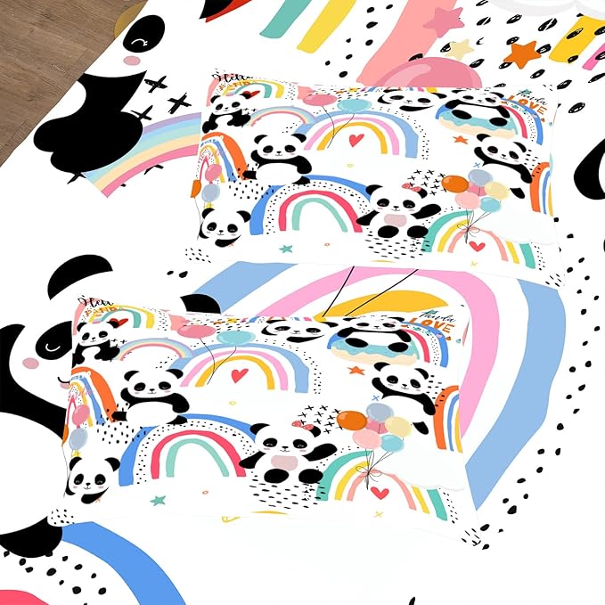 Tailor Shop Cute Panda Bedding Set for Girls Kids Toddler, Rainbow Cartoon Bear Printed Colorful Comforter Set Full Size with 2 Matching Pillowcases……