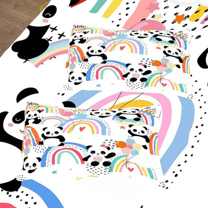 Tailor Shop Cute Panda Bedding Set for Girls Kids Toddler, Rainbow Cartoon Bear Printed Colorful Comforter Set Full Size with 2 Matching Pillowcases……