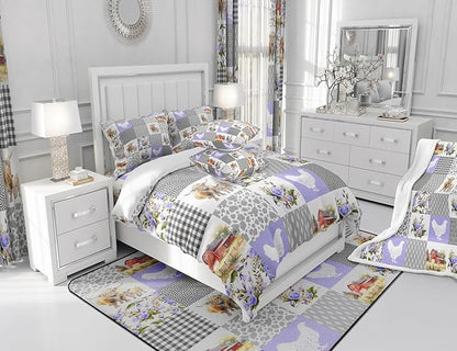Highland Cattle Comforter Set Twin Size,Milk Cow Print Chicken Farmhouse Animal Bedding Set for Kids Boys Men,Purple Bohemian Grid Geometric Quilted Duvet Set with 1 Pillowcase
