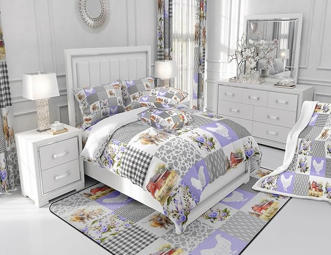 Highland Cattle Comforter Set Queen Size,Milk Cow Print Chicken Farmhouse Animal Bedding Set for Women Adult,Purple Bohemian Grid Geometric Luxury Bed Duvet Insert, 2 Pillowcases