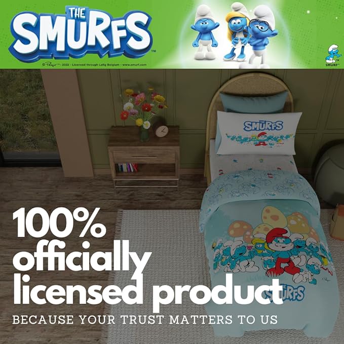 Franco The Smurfs Bedding Super Soft Cozy Reversible Comforter and Sheet Set, 4 Piece Twin Size, (Officially Licensed Product)