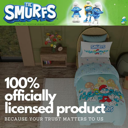 Franco The Smurfs Bedding Super Soft Cozy Reversible Comforter and Sheet Set, 4 Piece Twin Size, (Officially Licensed Product)