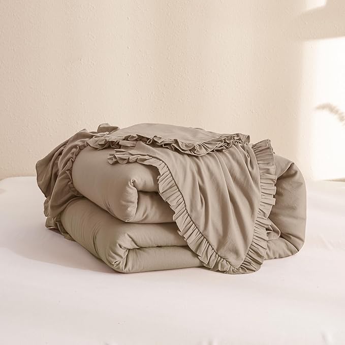QSH 3PCs Light Taupe Ruffled Comforter Set Queen Size,Shabby Boho Chic Bedding Comforter Sets Queen, Ultra Soft Farmhouse Lightweight Microfiber Inner Fill Bed Comforter Set