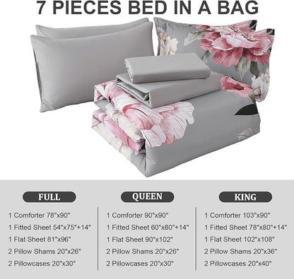 Dobuyly Pink and Grey Comforter Set Queen Size 7 Piece Bed in a Bag, Floral Printed on Gray Comforter Set with Sheets, Soft Microfiber Botanical Complete Bedding Set for All Season