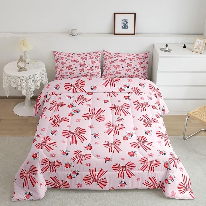 Feelyou Red Pink Pink Bow Comforter Set Queen Size Cute Floral Bedding Set for Kids Boys Girls Cute Bowknot Duvet Quilt Kawaii Bedroom Decor Microfiber 3 Pcs with 2 Pillow Cases